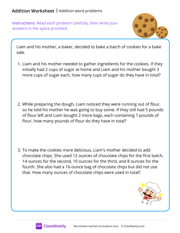 Addition word problems - Cookies worksheet preview