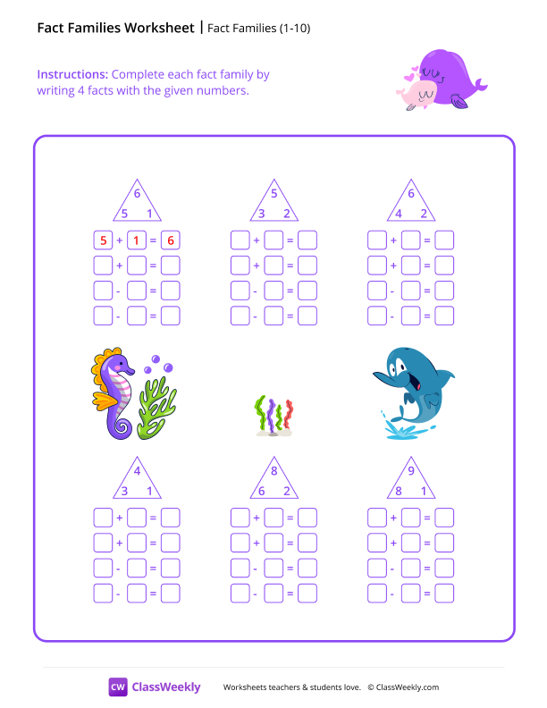 Fact Families (1-10) - Whales worksheet preview
