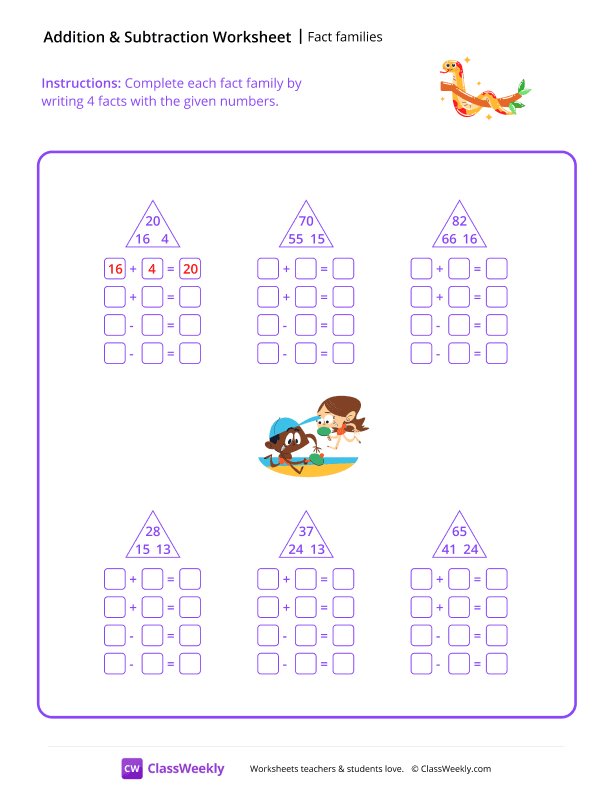 Fact families - Snake worksheet preview