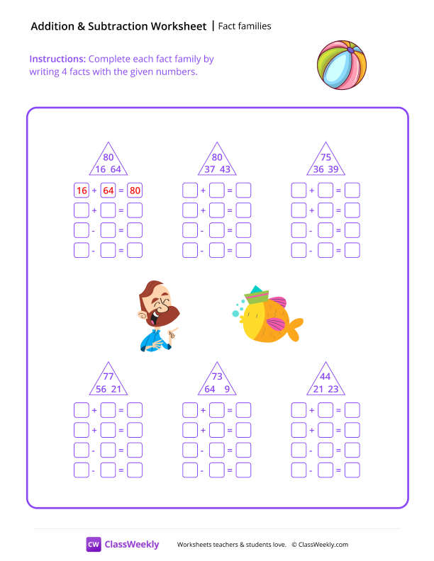 Fact families - Beach Ball worksheet preview