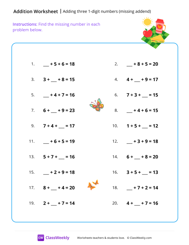Adding three 1-digit numbers (missing addend) - Picnic worksheet preview