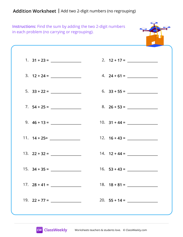 Add two 2-digit numbers (no regrouping) worksheet preview