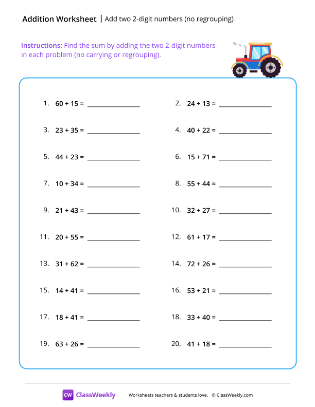 Add two 2-digit numbers (no regrouping) - Tractor worksheet preview