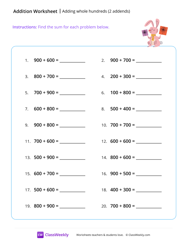 Adding whole hundreds (2 addends) - Rabbit worksheet preview