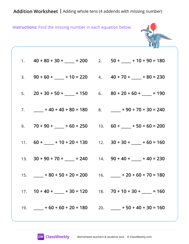 Adding whole tens (4 addends with missing number) worksheet preview