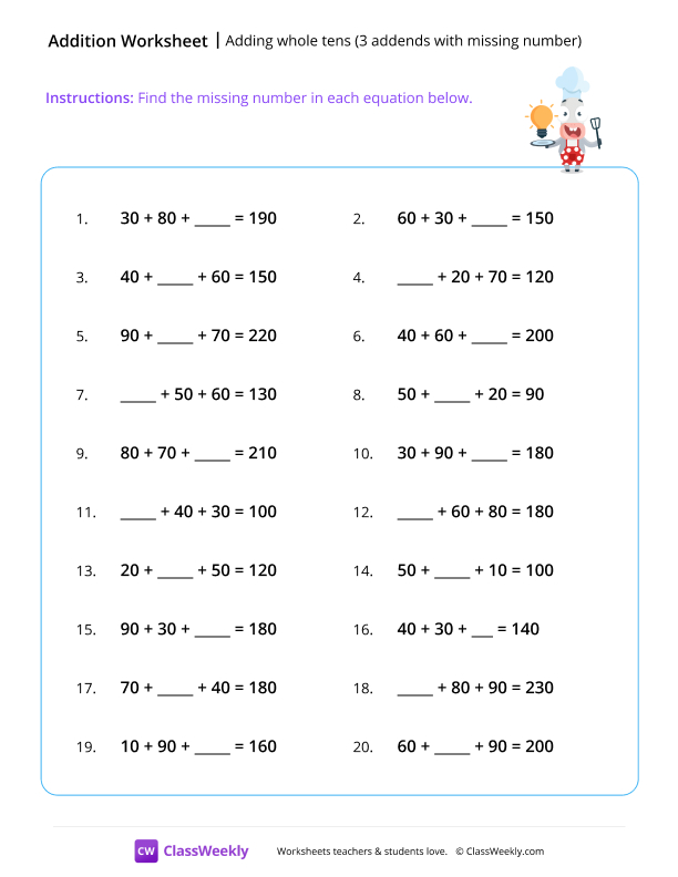 Adding whole tens (3 addends with missing number) worksheet preview