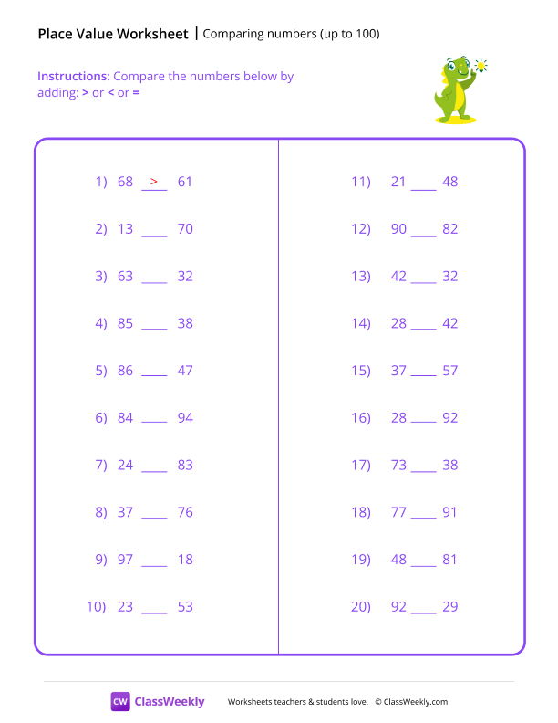 Comparing numbers (up to 100) - Dino worksheet preview