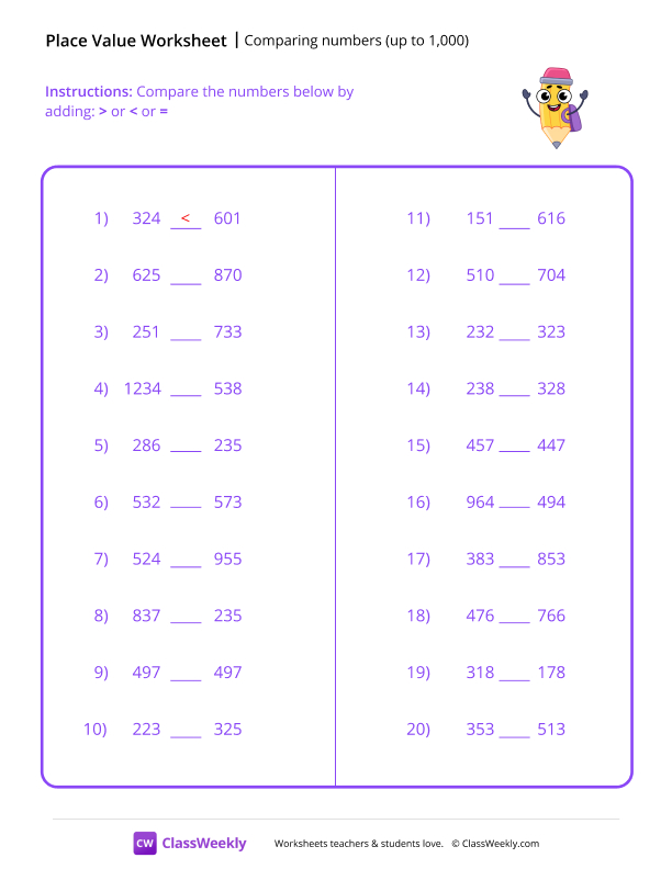 Comparing numbers (up to 1,000) - Pencil worksheet preview