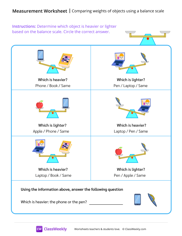 Comparing weights of objects using a balance scale worksheet preview