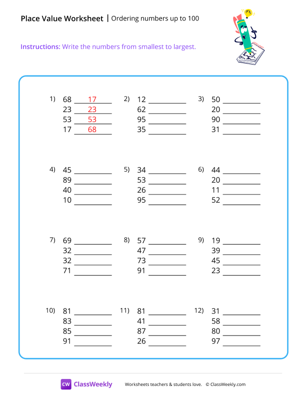 Ordering Numbers (up to 100) - Pencil worksheet preview