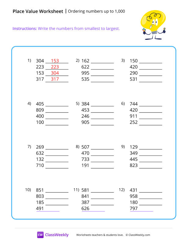 Ordering Numbers (up to 1,000) worksheet preview