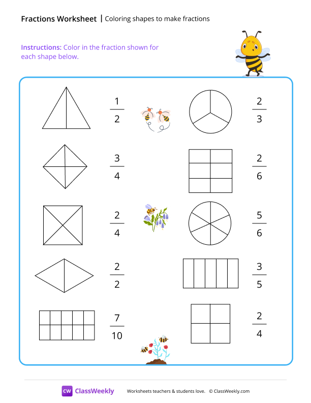 Coloring shapes to make fractions - Bee worksheet preview