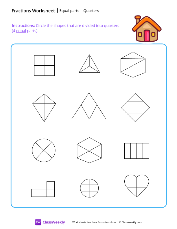 Equal parts - Quarters worksheet preview