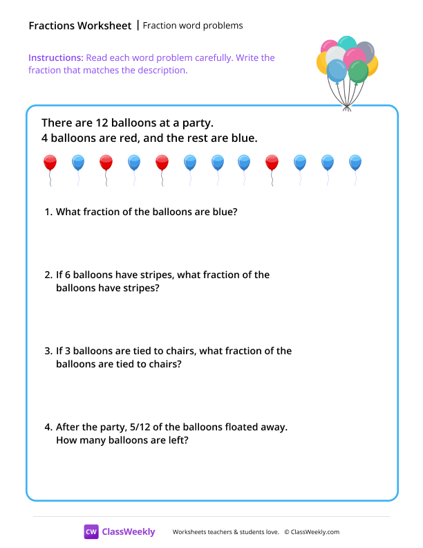 Fraction word problems - Balloons worksheet preview