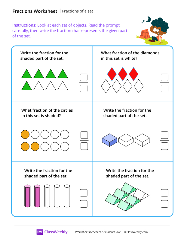 Fractions of a set - Tent worksheet preview