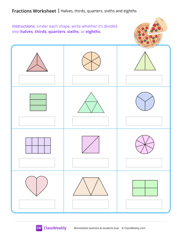 Equal parts - Halves, thirds, quarters, sixths and eighths worksheet preview
