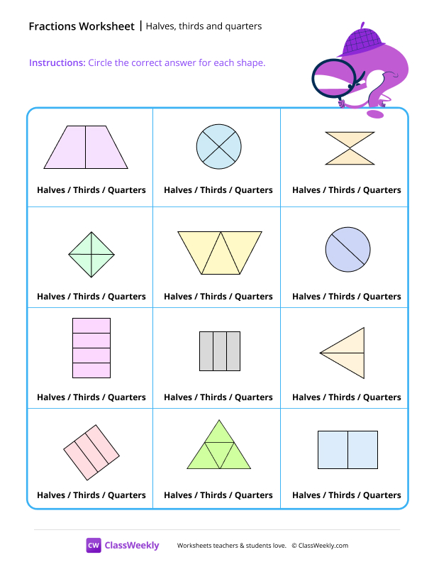 Equal parts - Halves, thirds and quarters worksheet preview