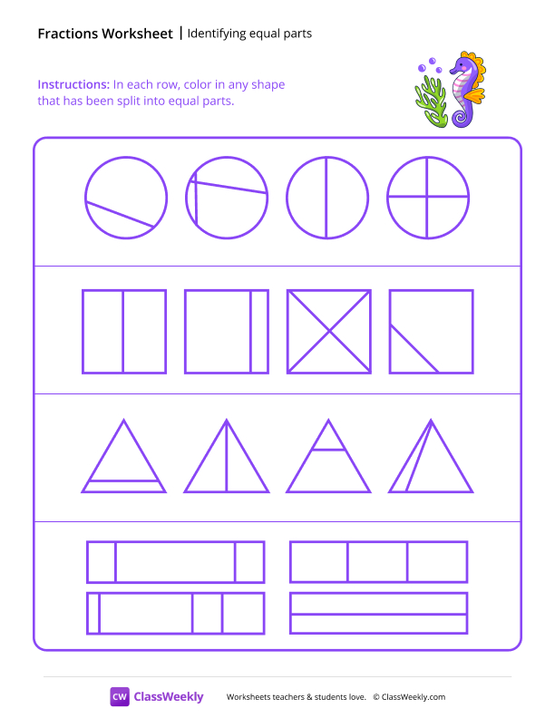 Identifying Equal Parts - Sea Horse worksheet preview