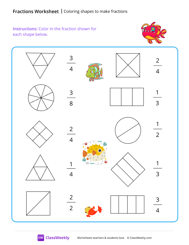 Coloring shapes to make fractions - Fish worksheet preview