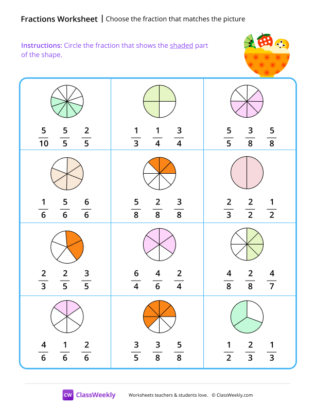 Choose the fraction that matches the picture - Salad worksheet preview
