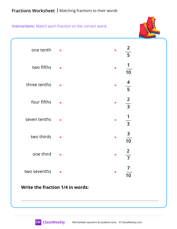 Matching fractions to their words - Winter worksheet preview