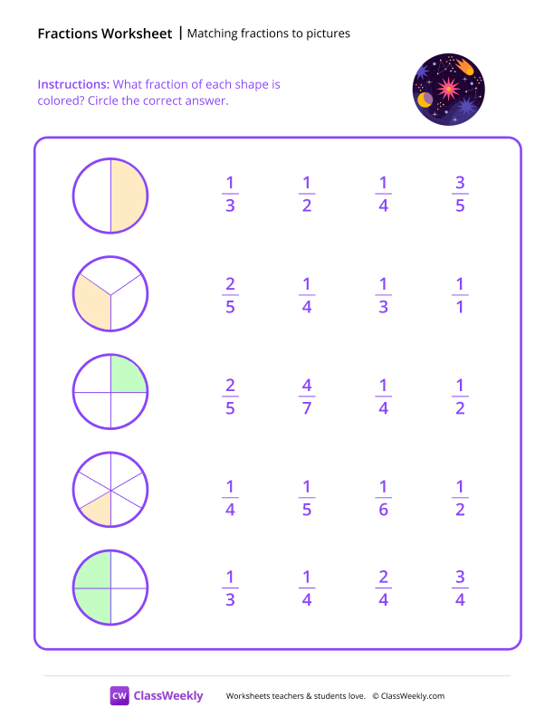 Matching Fractions to Pictures - Space worksheet preview
