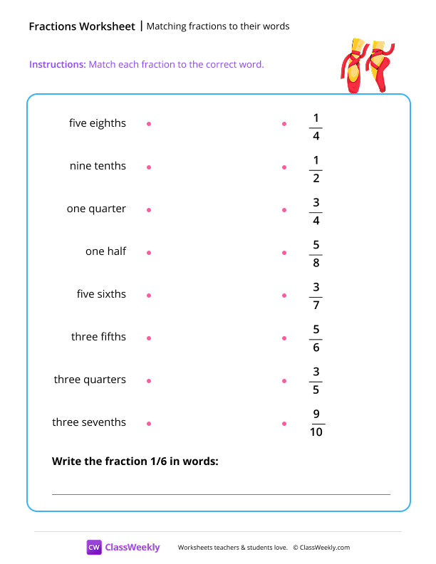 Matching fractions to their words - Ballet worksheet preview