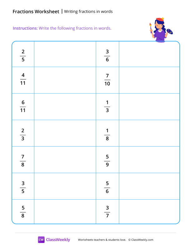 Writing fractions in words - Artist worksheet preview