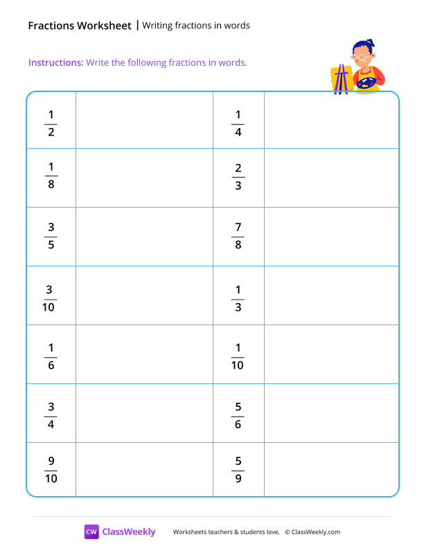 Writing fractions in words - Paint worksheet preview