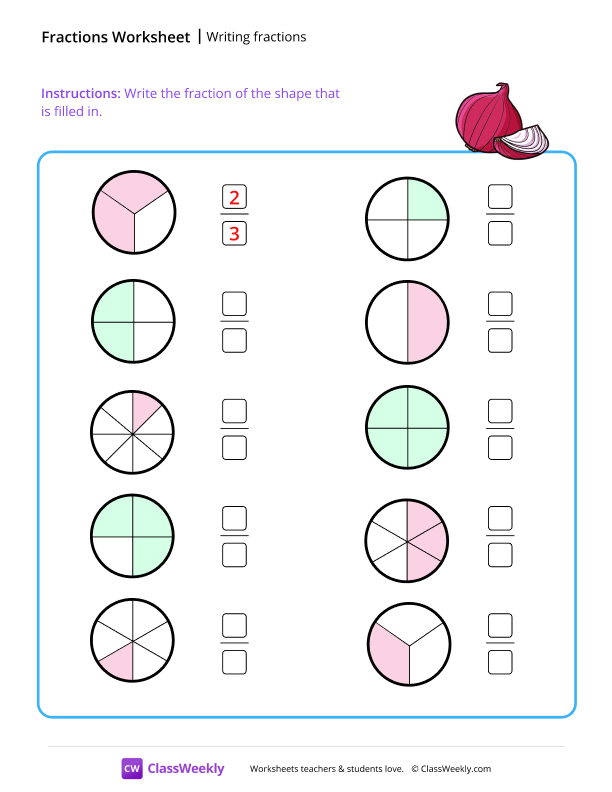 Writing fractions - online worksheet preview