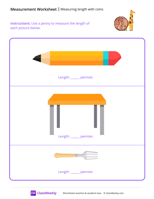 Measuring length with coins - Giraffe worksheet preview