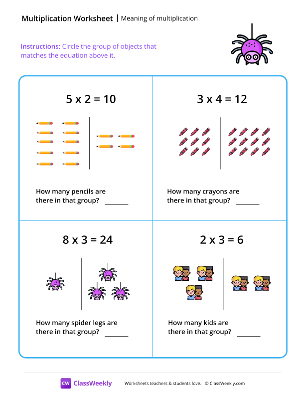 Meaning of multiplication - Spider worksheet preview