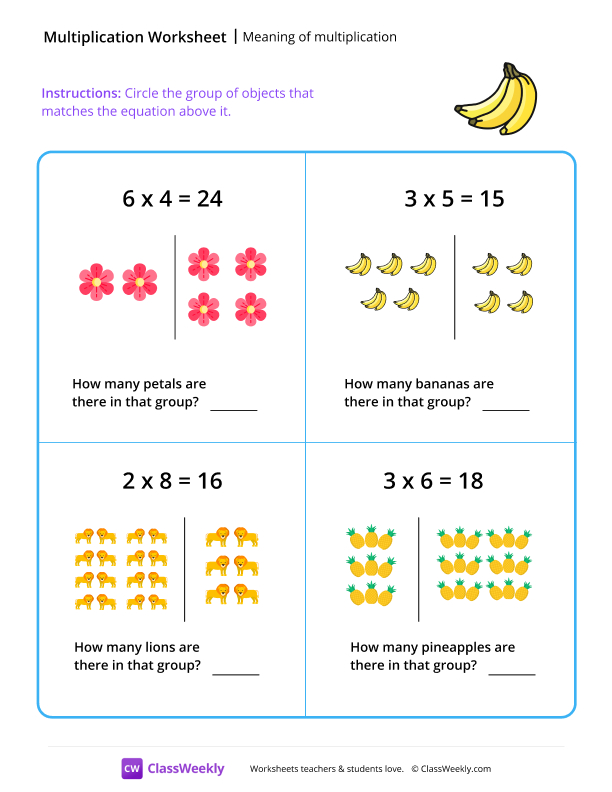 Meaning of multiplication - Bananas worksheet preview