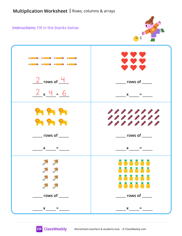 Multiplication (rows, columns & arrays) worksheet preview