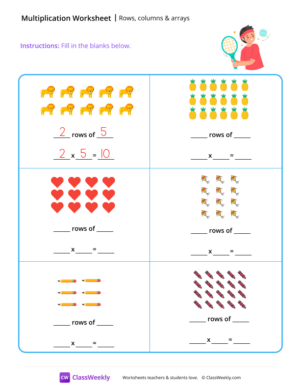 Multiplication (rows, columns & arrays) - Tennis worksheet preview