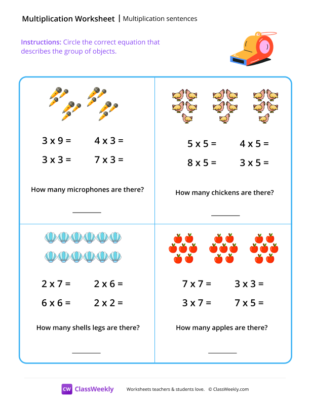 Multiplication sentences - Whistle worksheet preview