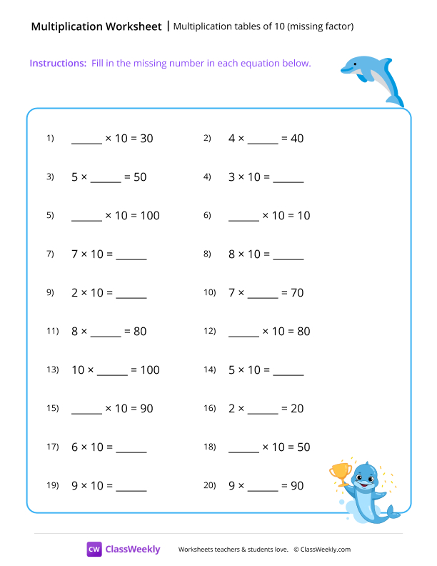 Multiplication tables of 10 (missing factor) - Dolphin worksheet preview