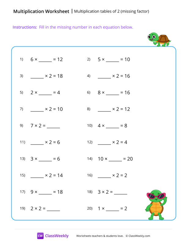 Multiplication tables of 2 (missing factor) - Turtle worksheet preview