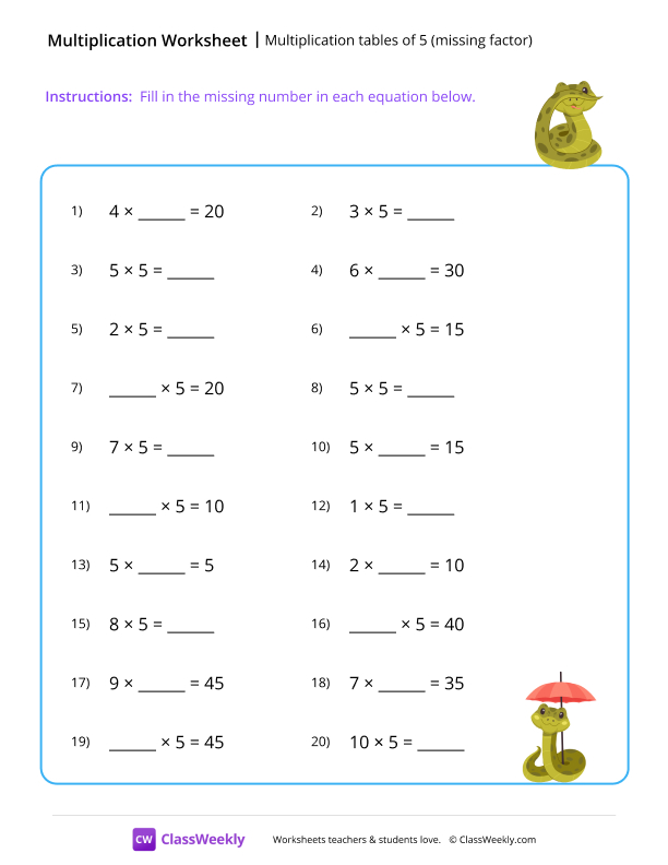Multiplication tables of 5 (missing factor) worksheet preview