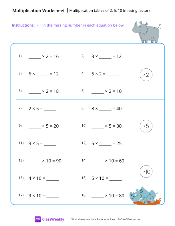 Multiplication tables of 2, 5, 10 (missing factor) - Rhino worksheet preview