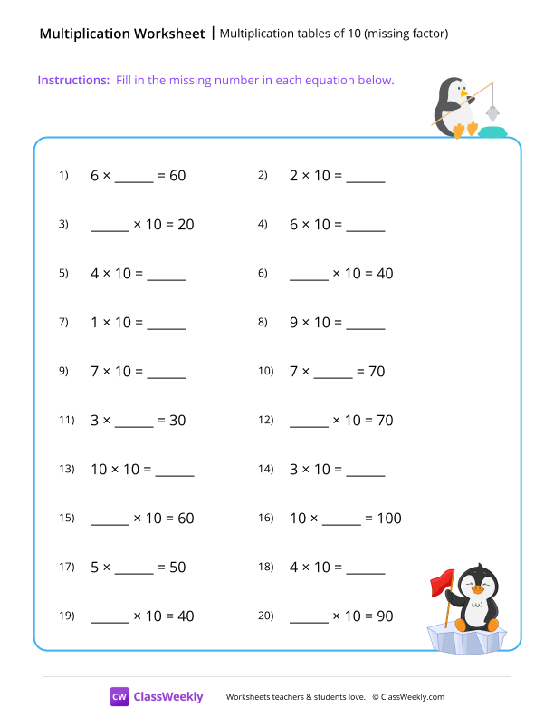 Multiplication tables of 10 (missing factor) - Penguin worksheet preview