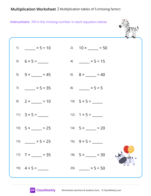 Multiplication tables of 5 (missing factor) - Zebra worksheet preview