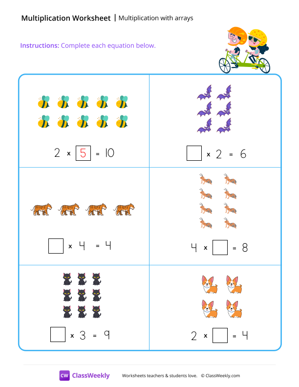 Multiplication with arrays - Tandem worksheet preview