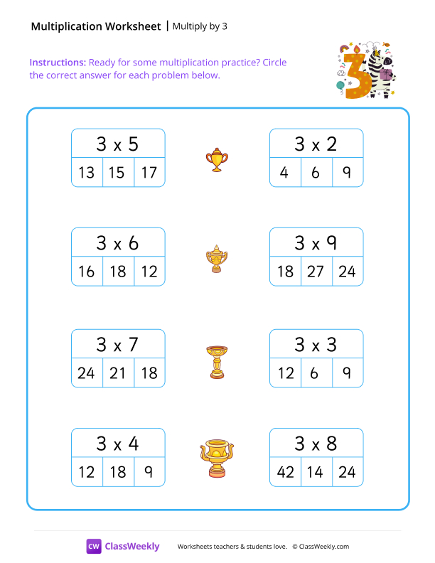 Multiplication Practice - Multiply by 3 worksheet preview