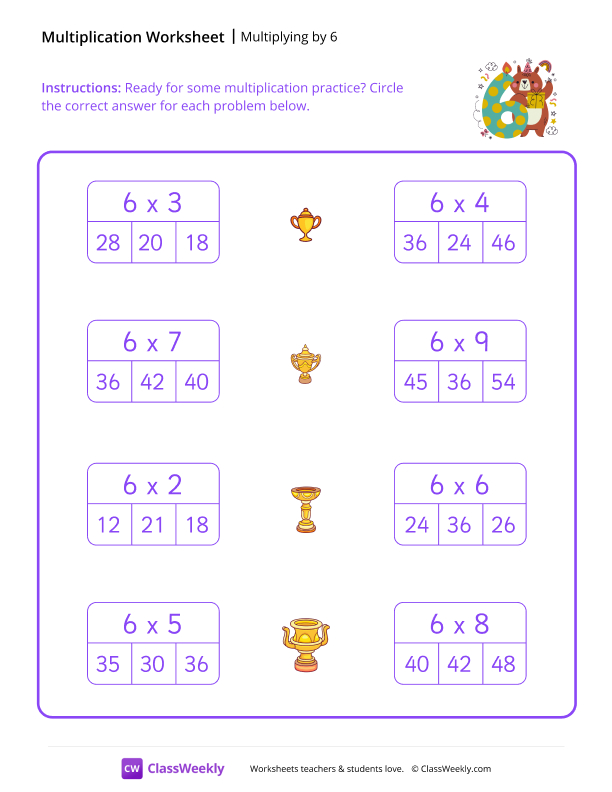 Multiply by 6 - Six Bears worksheet preview