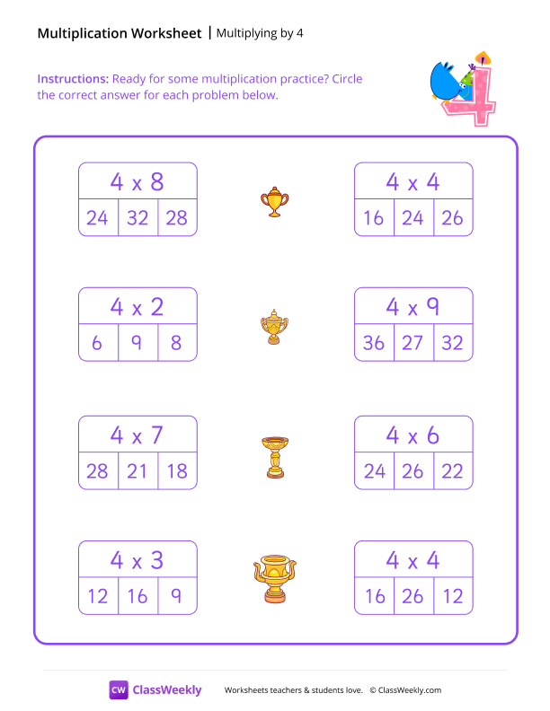 Multiply by 4 - Four Hippos worksheet preview