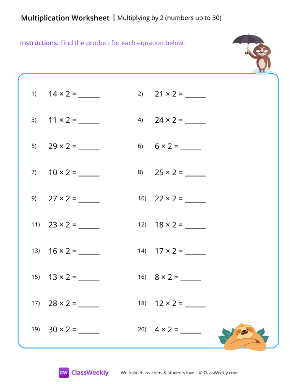 Multiplying by 2 (numbers up to 30) - Sloth worksheet preview