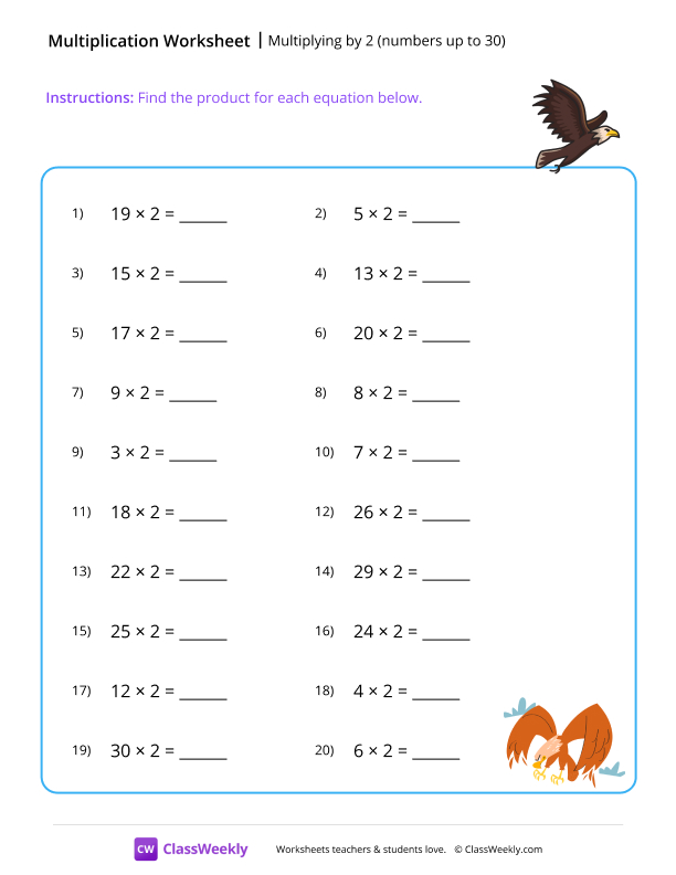 Multiplying by 2 (numbers up to 30) - Eagle worksheet preview