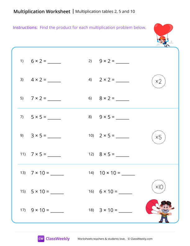 Multiplication tables (2, 5 and 10) - Parachute worksheet preview