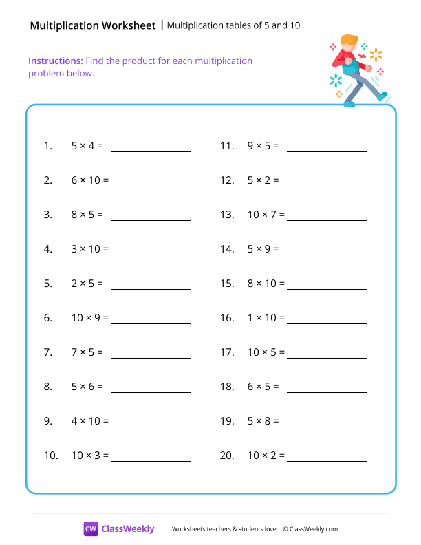 Multiplication tables (5 and 10) - Dance worksheet preview